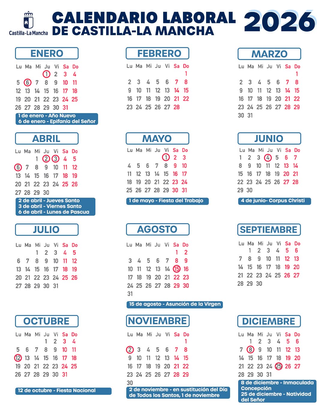 Publicado el calendario laboral de Castilla-La Mancha para 2026