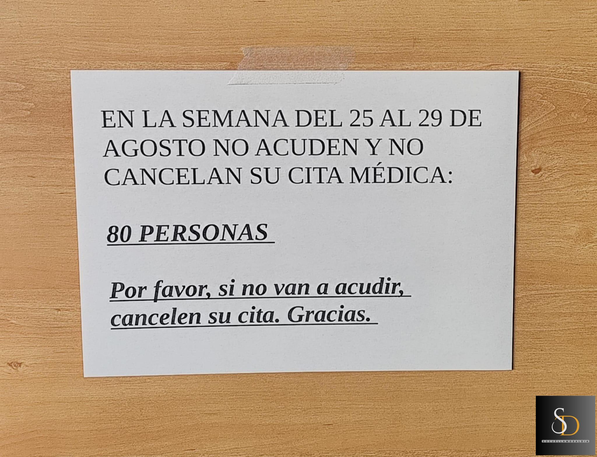 Apelamos a la responsabilidad: 80 pacientes no acuden a su cita esta semana y no cancelan su cita médica
