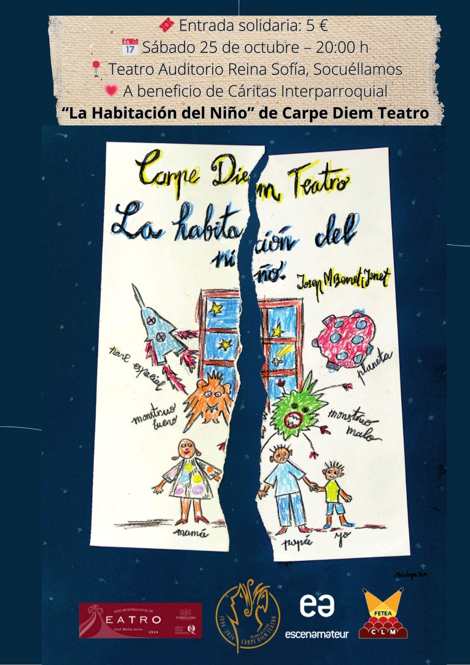 Teatro solidario a beneficio de Cáritas este sábado en el Reina Sofía con “La Habitación del Niño”