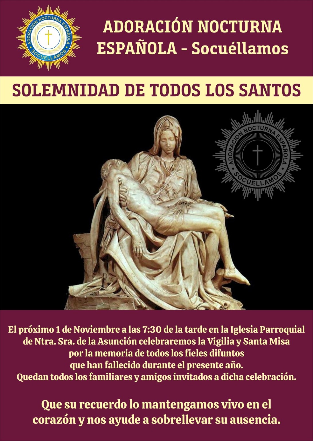 La Adoración Nocturna de Socuéllamos celebrará la Solemnidad de Todos los Santos con una Vigilia y Santa Misa en memoria de los difuntos