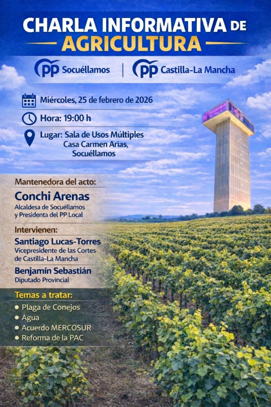 El PP organiza en Socuéllamos una charla informativa sobre agricultura centrada en la PAC, el agua y la plaga de conejos