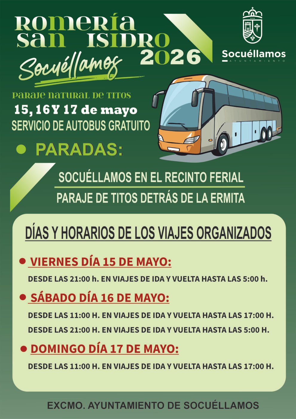 Socuéllamos habilita un servicio gratuito de autobús para la Romería de San Isidro 2026