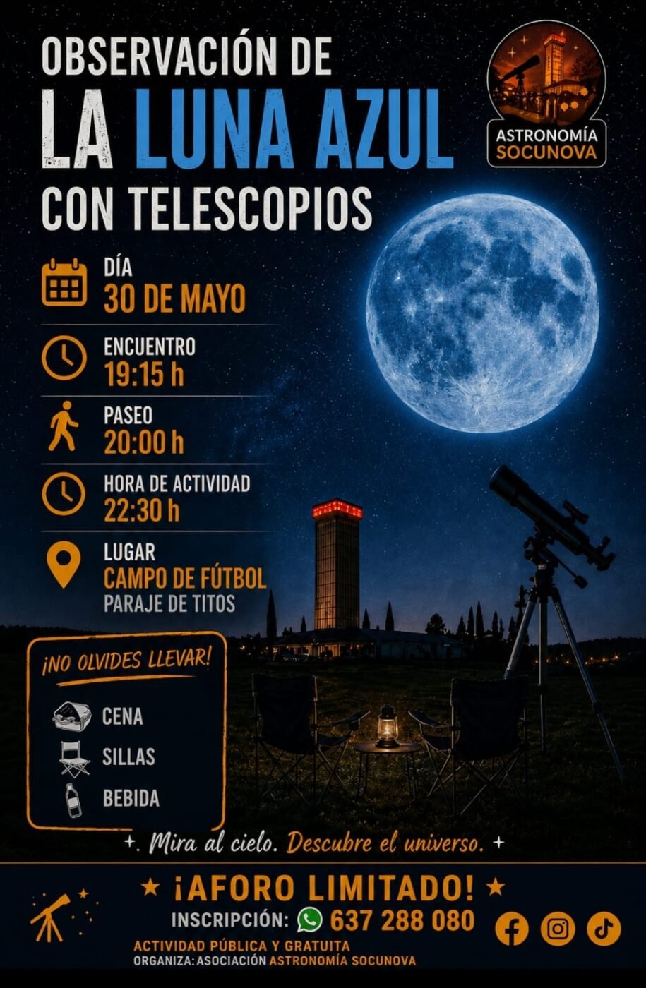 Socuéllamos celebrará una observación astronómica de la “Luna Azul” con telescopios y ruta senderista